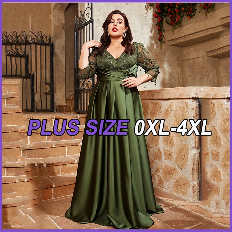 

Plus Size Dresses V-Neck Lace Embroidery Splicing Satin Fabric Handmade Folding Maxi Frock Evening Dress Women Party Prom Dress