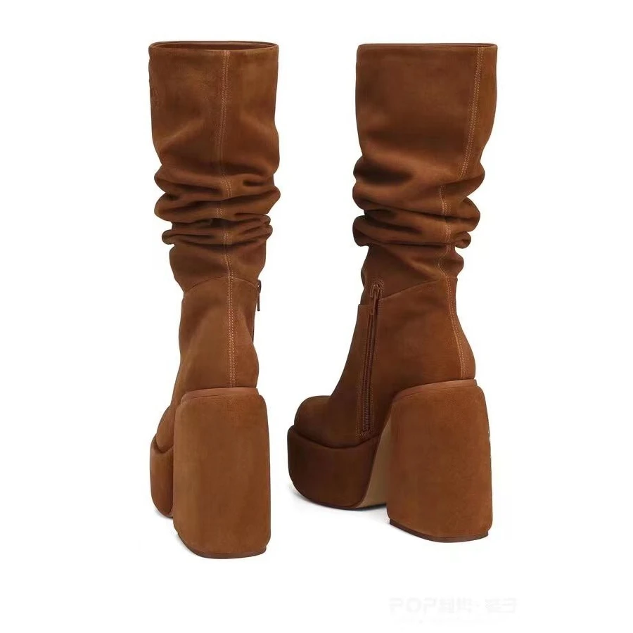 Brown Matte Leather Round Toe Thick Soled Mid Heeled Boots with Side Zipper Pleats Super High Heels, Stacked Boots In Large Size