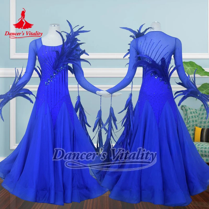 

Сетчатые платья для социальных танцев по индивидуальному заказу для взрослых и женщин, вальс, танго, фокстрот, одежда для соревнований с синими перьями, жизненная сила танцора