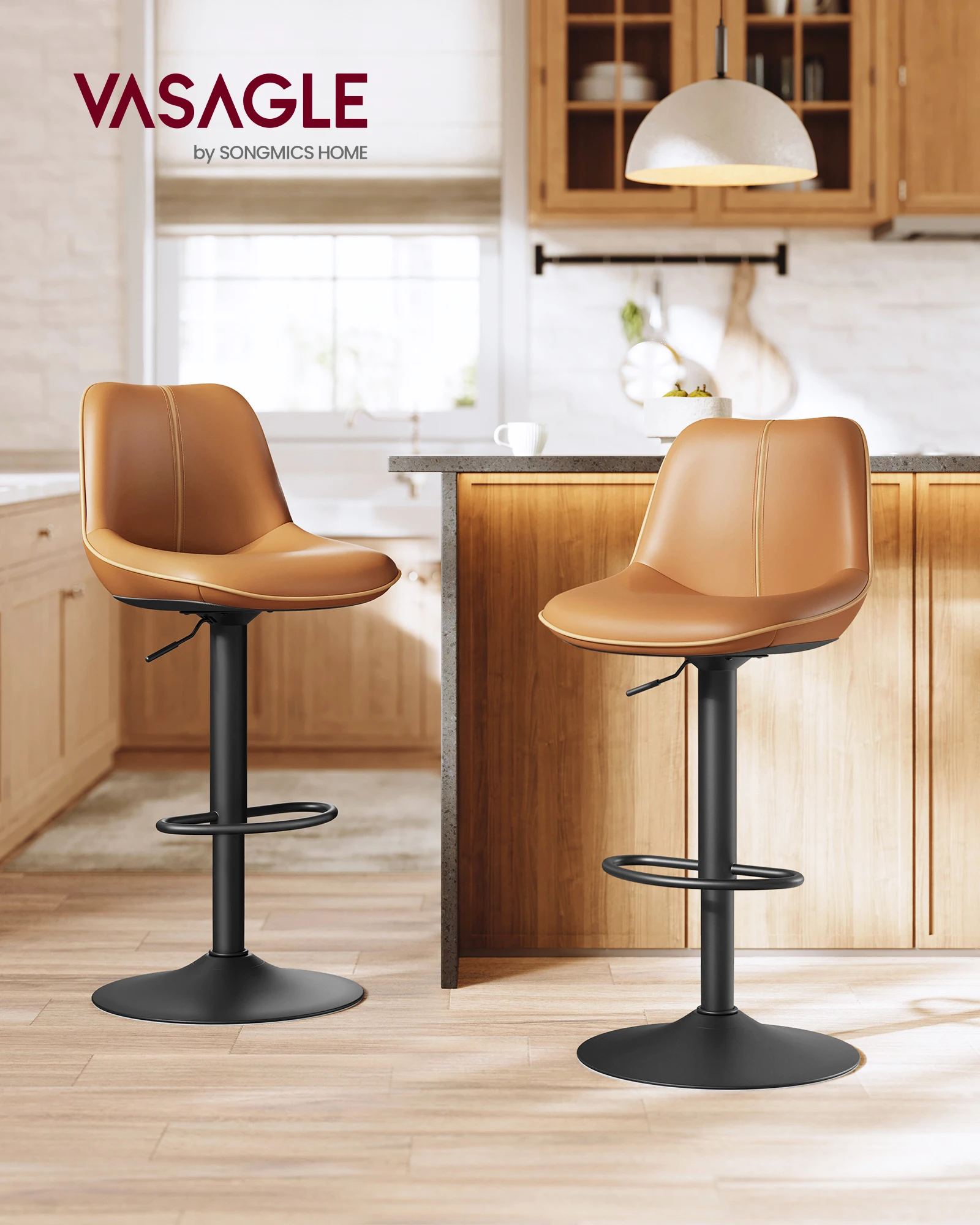 VASAGLE Lot de 4 Tabourets de Bar, Pivotants, Réglables en Hauteur, Dossier Ergonomique, PU, Base Métallique, Modernes, pour Îlot de Cuisine, Bar