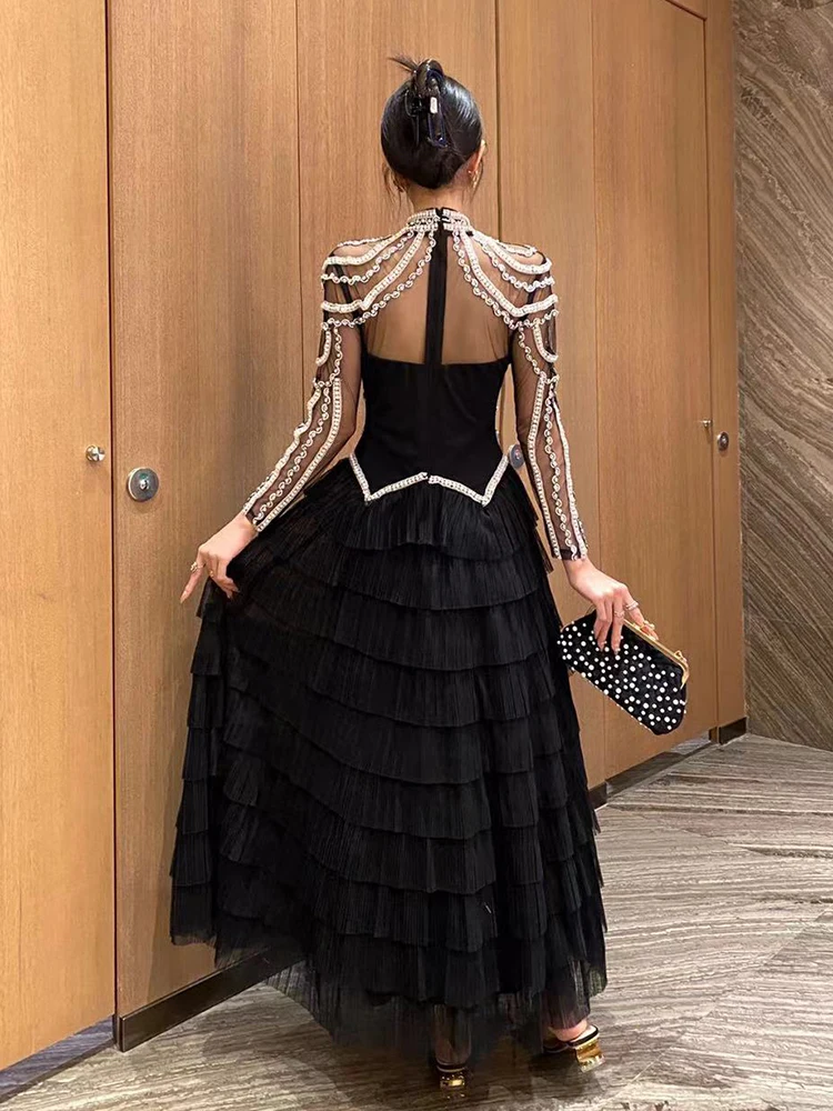 TWOTWINSTYLE Hit Color Patchwork Diamonds Evening Party Dress For Women O Neck Long Sleeve Spliced Ruffles Midi Dress Female New