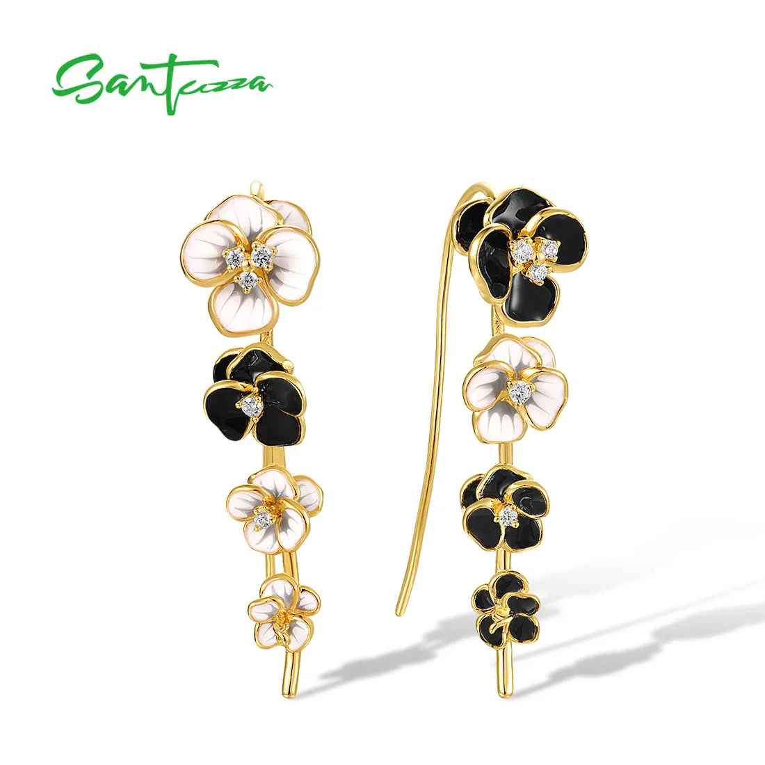 SANTUZZA 925 Sterling Silver Earrings For Women Muti-Color Enamel Flower Climber Earrings Delicate Party Gifts Fine Jewelry