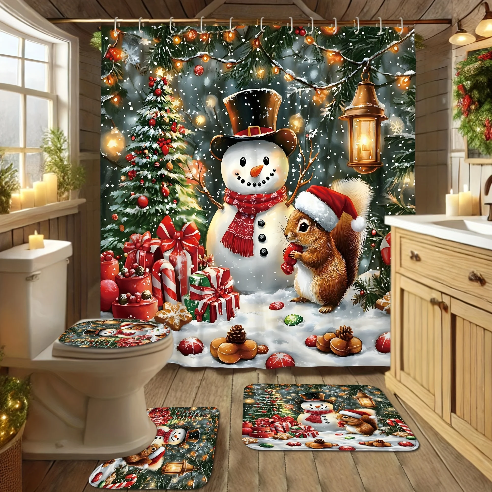 4Pcs Xmas Bath Set, Snowman Squirrel Candy Cane, Cute White Design, Holiday Bath Decor, 12 Hooks, Non-Slip U-Shaped Cover