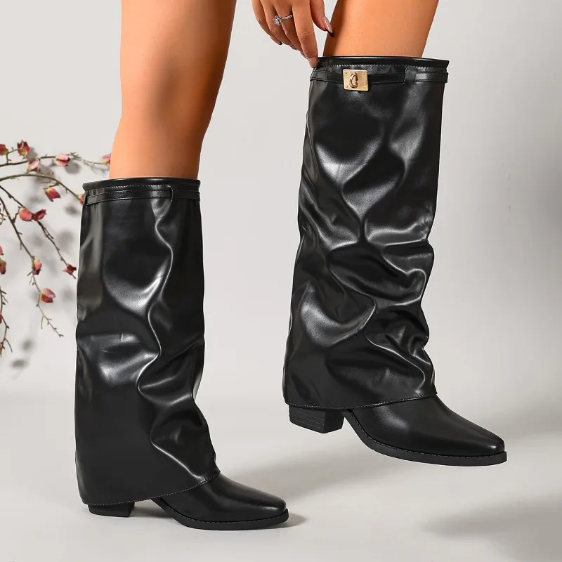 Designer Height Increasing Leather Women's Long Boots Autumn Winter Wide Calf Shark Boots Woman Wedge Heel Knee High Botas