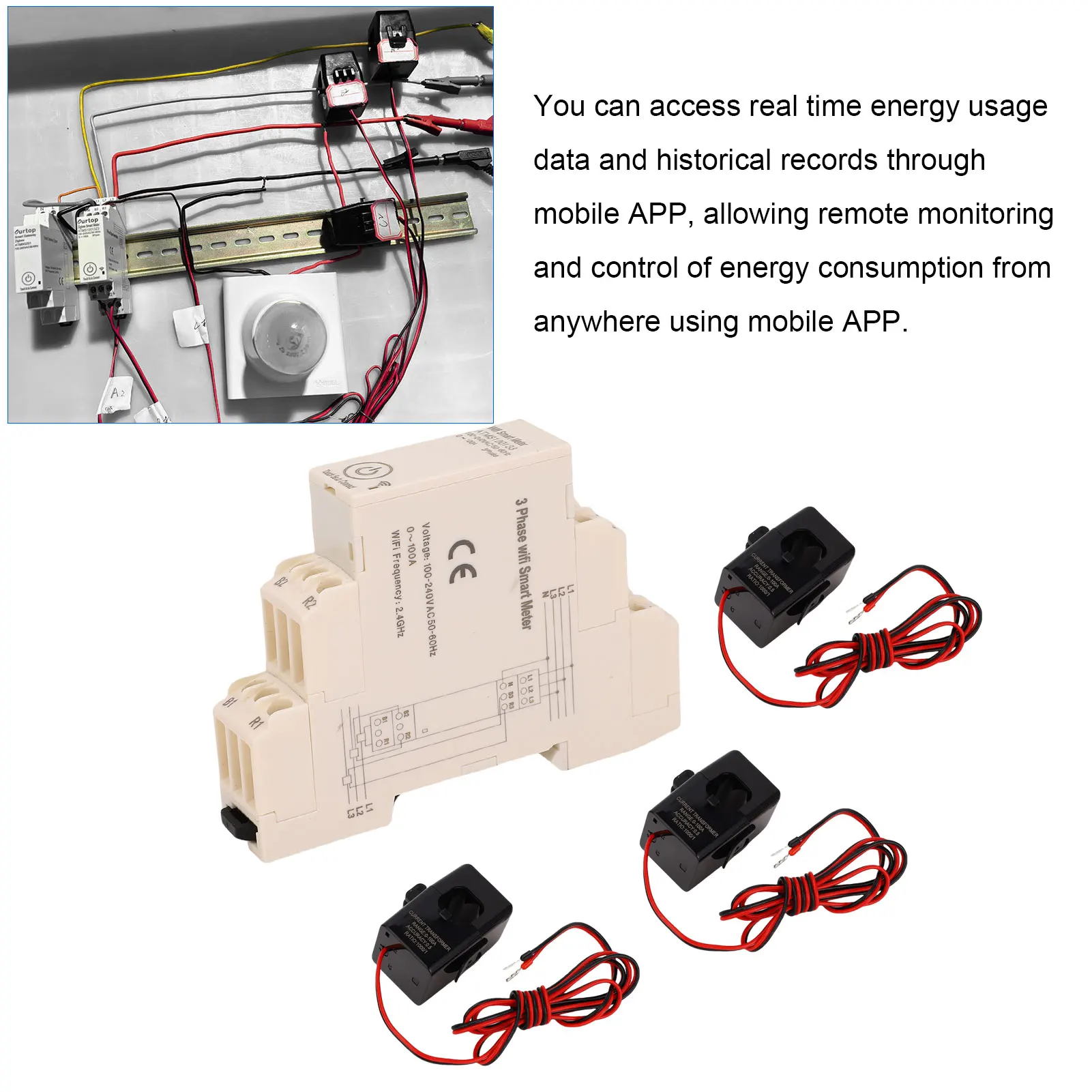 ATMS100133 Smart WiFi Energy Meter 0-100A 3 Phase APP Remote Control Smart Electricity Meter with 3Pcs 100A Current Sensors