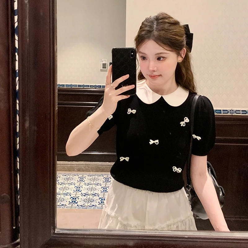 

Черная вязаная футболка с коротким рукавом и воротником-стойкой, женская летняя, милая, омолаживающая, с узлом, серия MIU, в корейском стиле