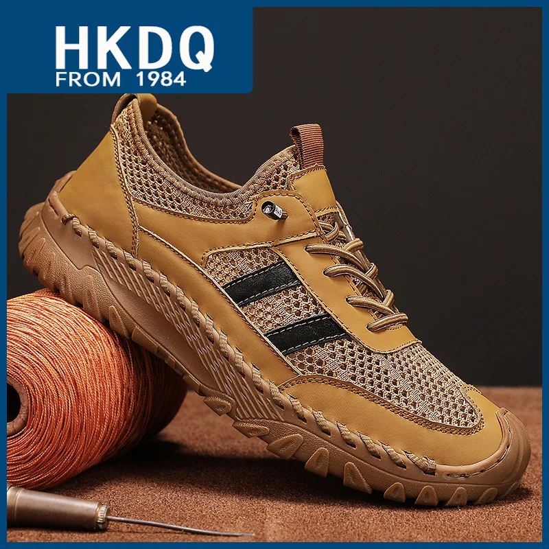 

HKDQ High Quality Platform Men's Summer Sneakers Brown Rubber Non-slip Outdoor Shoes Men Mesh Elastic Casual Sports Shoes Man