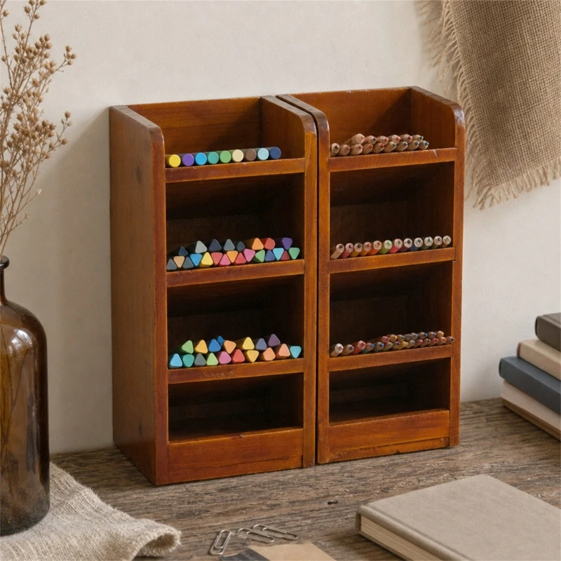  Wooden Desk Organizers Pen Holders, 4 Compartments Pencil Tower for Study Desks