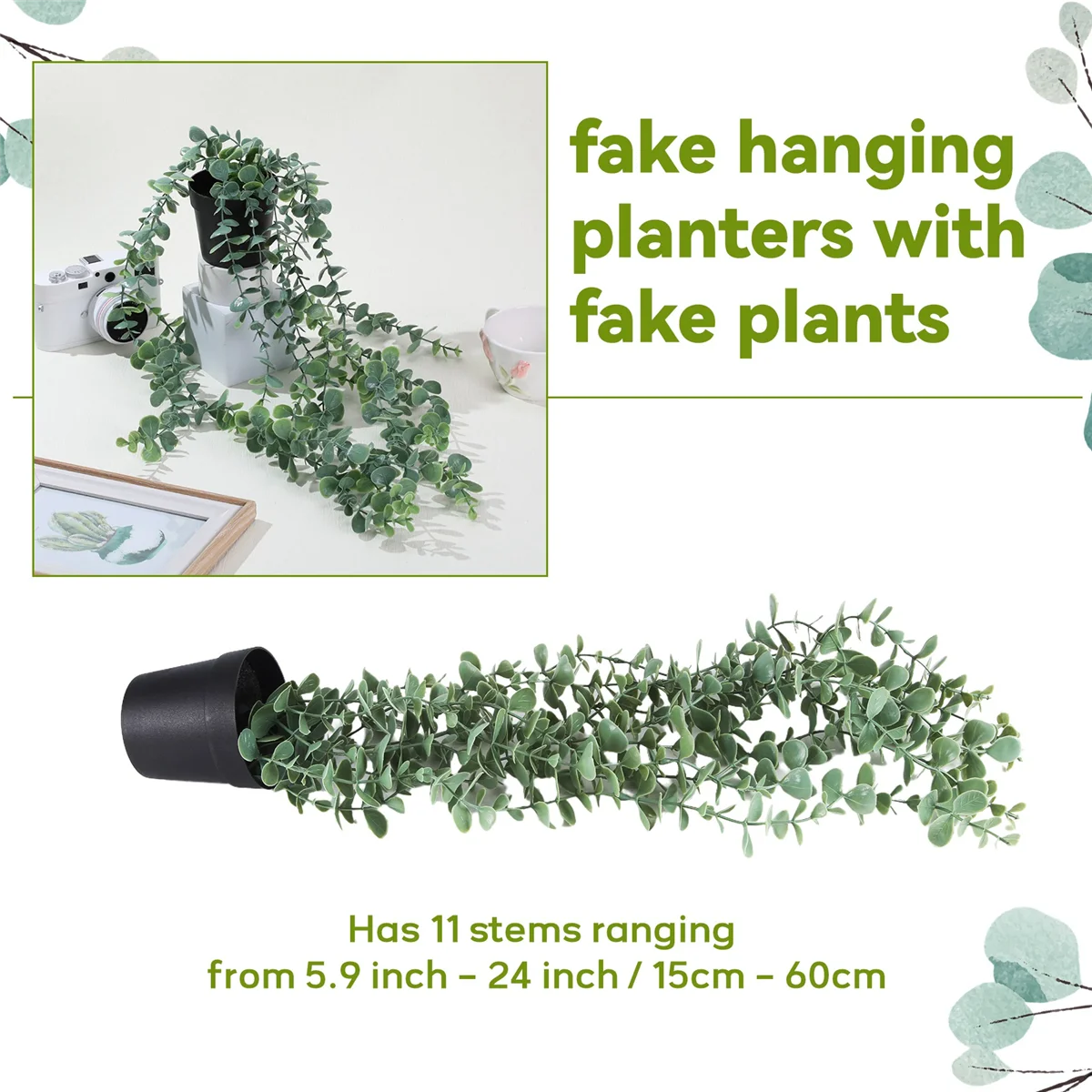 AT77 1 قطعة نباتات معلقة اصطناعية وهمية بوعاء الأوكالبتوس نبات معلق لغرفة الحائط المنزل فناء داخلي ديكور خارجي