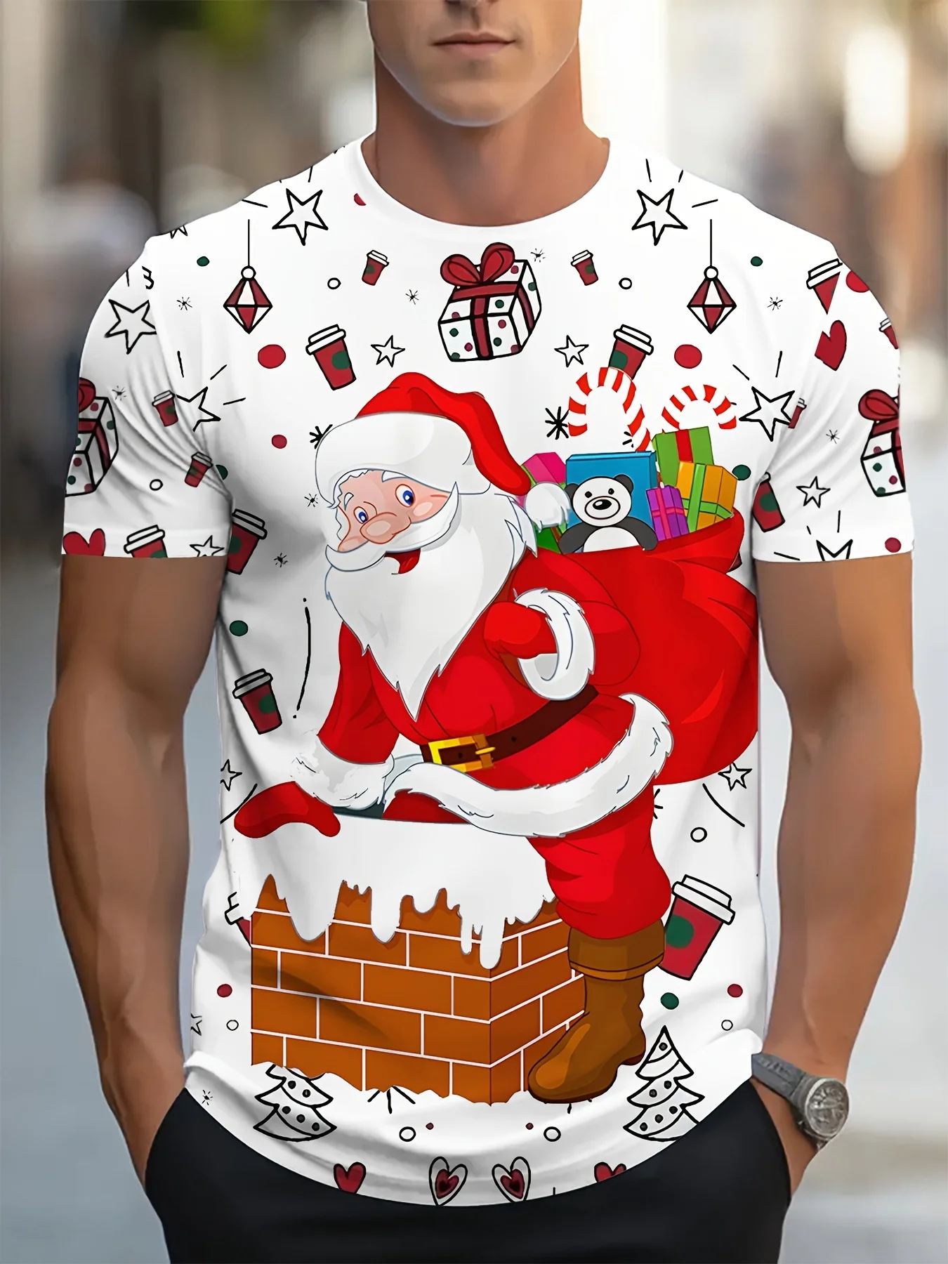 Men Fashion Christmas Print T‑Shirt, Santa Chimney Gift Ornament Art Short Sleeve Crew Neck Holiday Casual Tee