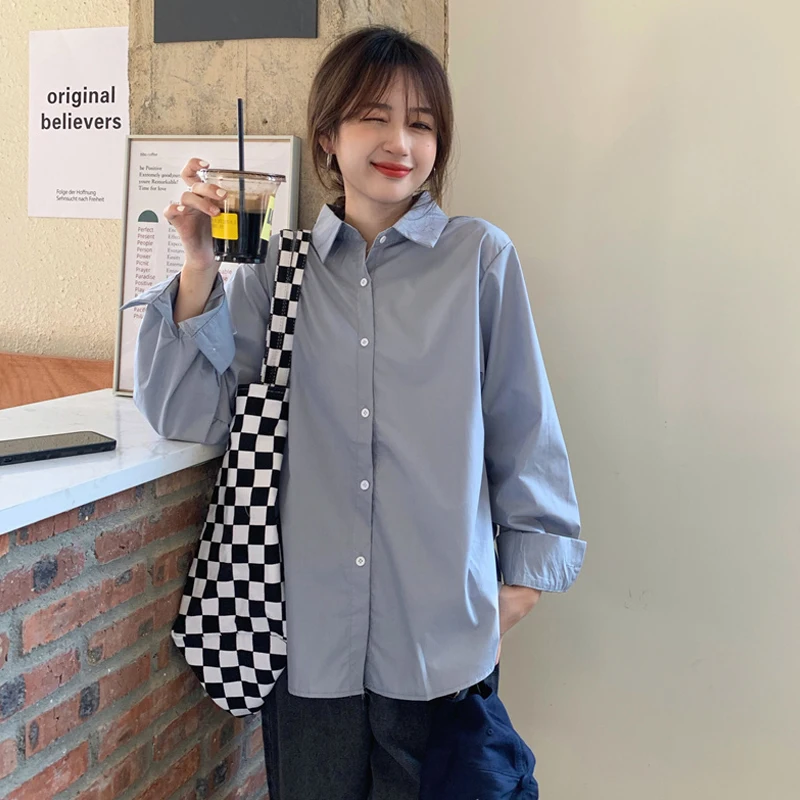 

Shirts Women Solid Basic Simple All-match Teens Inside Spring Autumn Single Breasted College Boyfriend Chic Minimalist Femme New