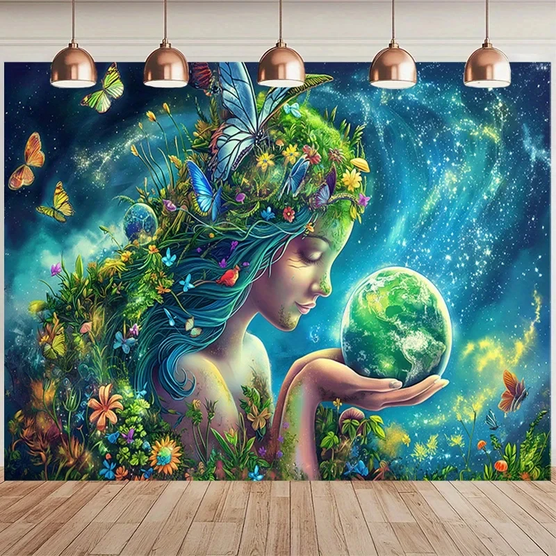 VIKAMA Wandteppich „Erde-Göttin“, Mystische Gaia mit grünem Planeten- und Galaxie-Hintergrunddruck, Wandbehang für Heimdekoration
