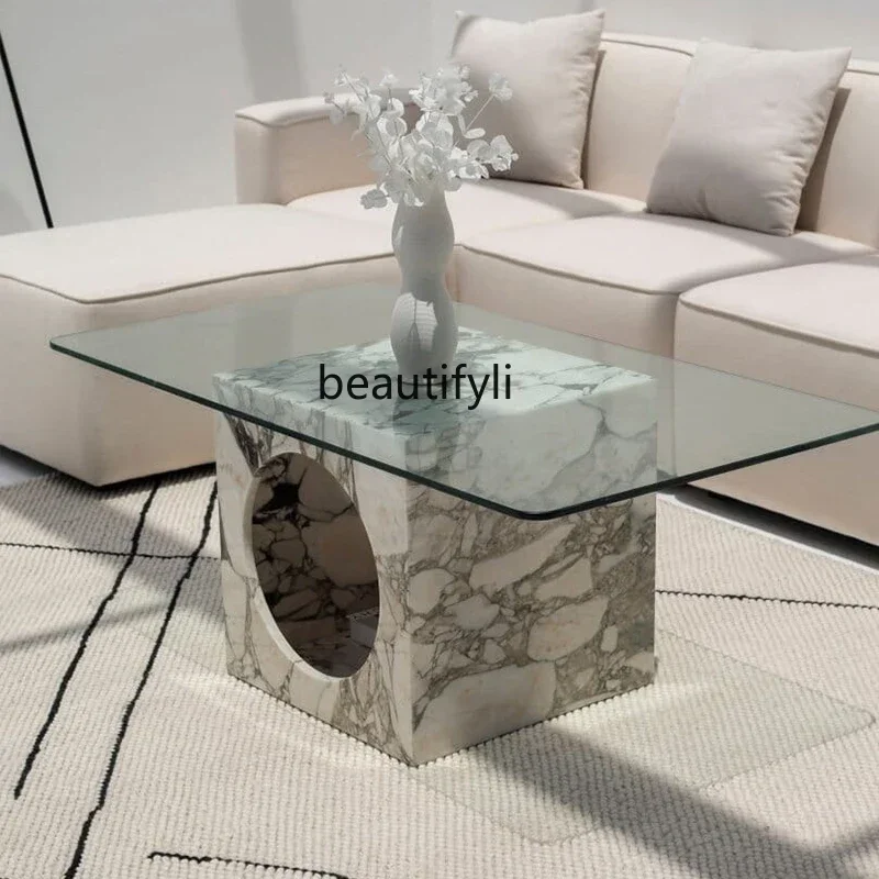 

Natural marble glass coffee table household small apartment living room square coffee table light luxury Italian style4567