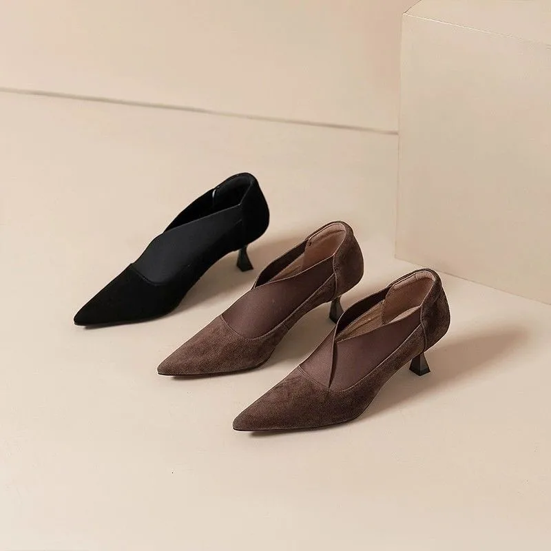 Women\'s Thin Heel Shoes Autumn New Pointed Mid-mouth Suede Slip-on Low-top Shoes with Anti-slip and Wear-resistant Temperament