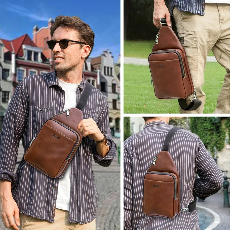 Leather Fashion Casual Men's Crossbody Bag Mini Backpack Mobile Phone Pocket Multifunctional Leather Men's Breast Bag