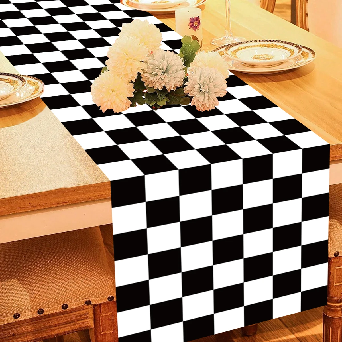 الكلاسيكية أسود أبيض متقلب الجدول عداء البوليستر سباق موضوع المفارش حفلة كرة القدم كأس الهدف الزفاف الجدول الطعام ديكور