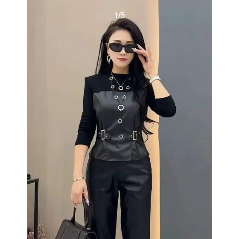 Spring Autumn 2026 New Korean Fashion PU Leather Splice Slim Fit Two-Piece Set Head Long Sleeve T-Shirt Women Base Shirt KX49