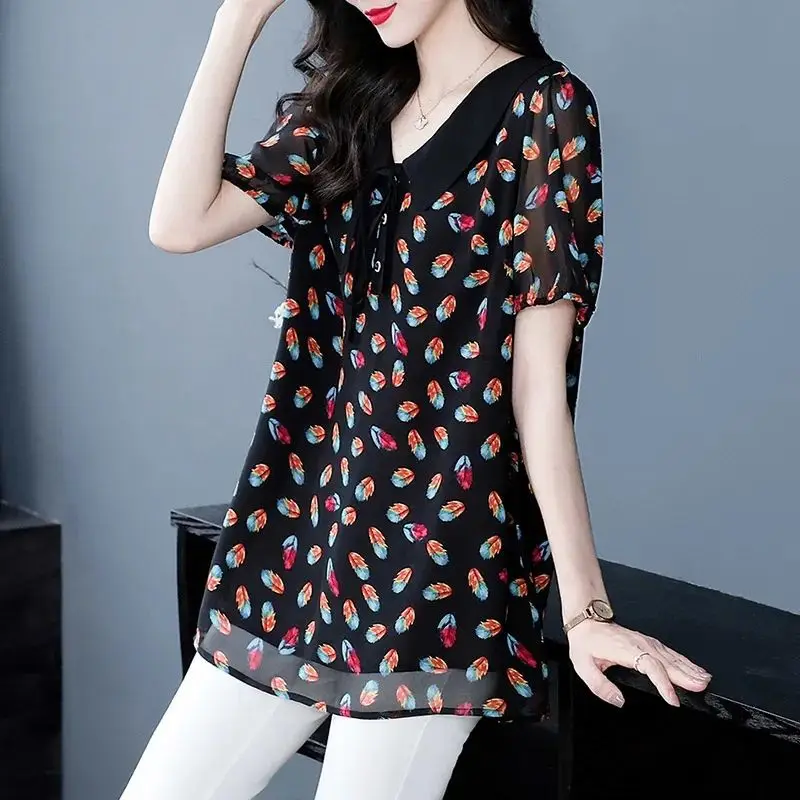 Women's Clothing New Summer and Autumn 2023 Turn-down Collar Print Tie Up T-Shirt Folds Short Sleeve Patchwork Net Yarn Top