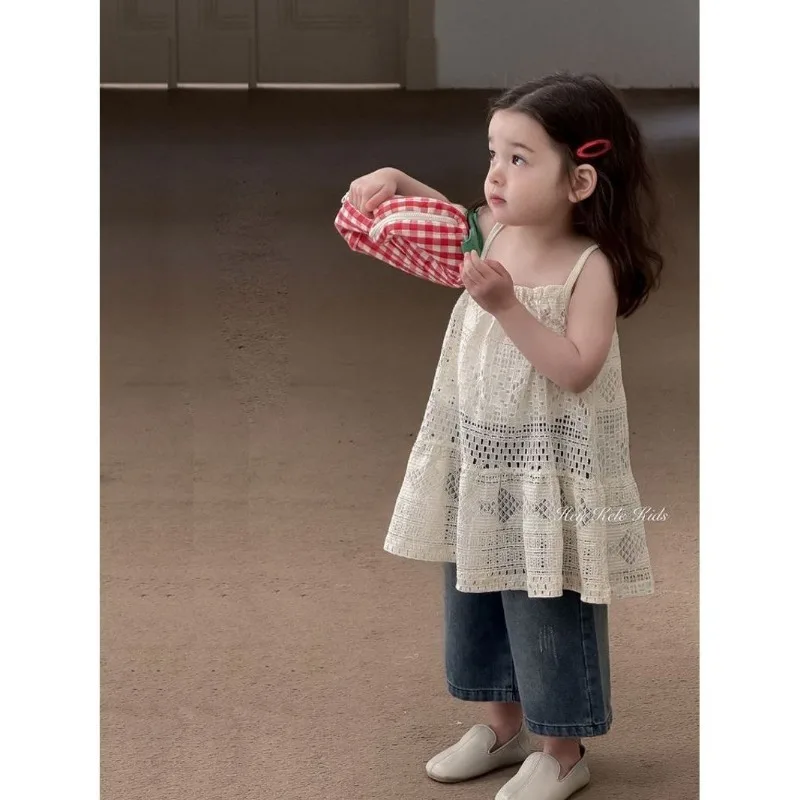 

Girls' Vacation Two-piece Set 2025 Summer Stylish Baby Girl Hook Flower Hollow Out Sleeveless Suspender Skirt and Denim Pants