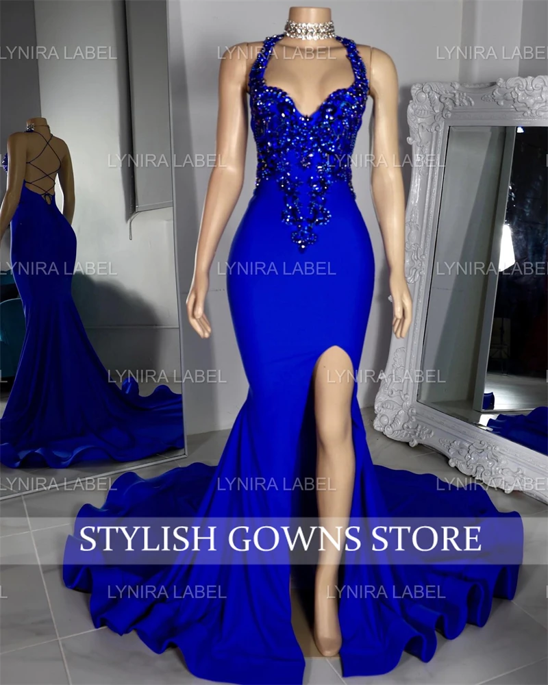 Royal Blue Sweetheart Long Prom Dress For Black Girls 2024 Beaded Crystal Birthday Party Dresses Evening Gowns Slit Customized