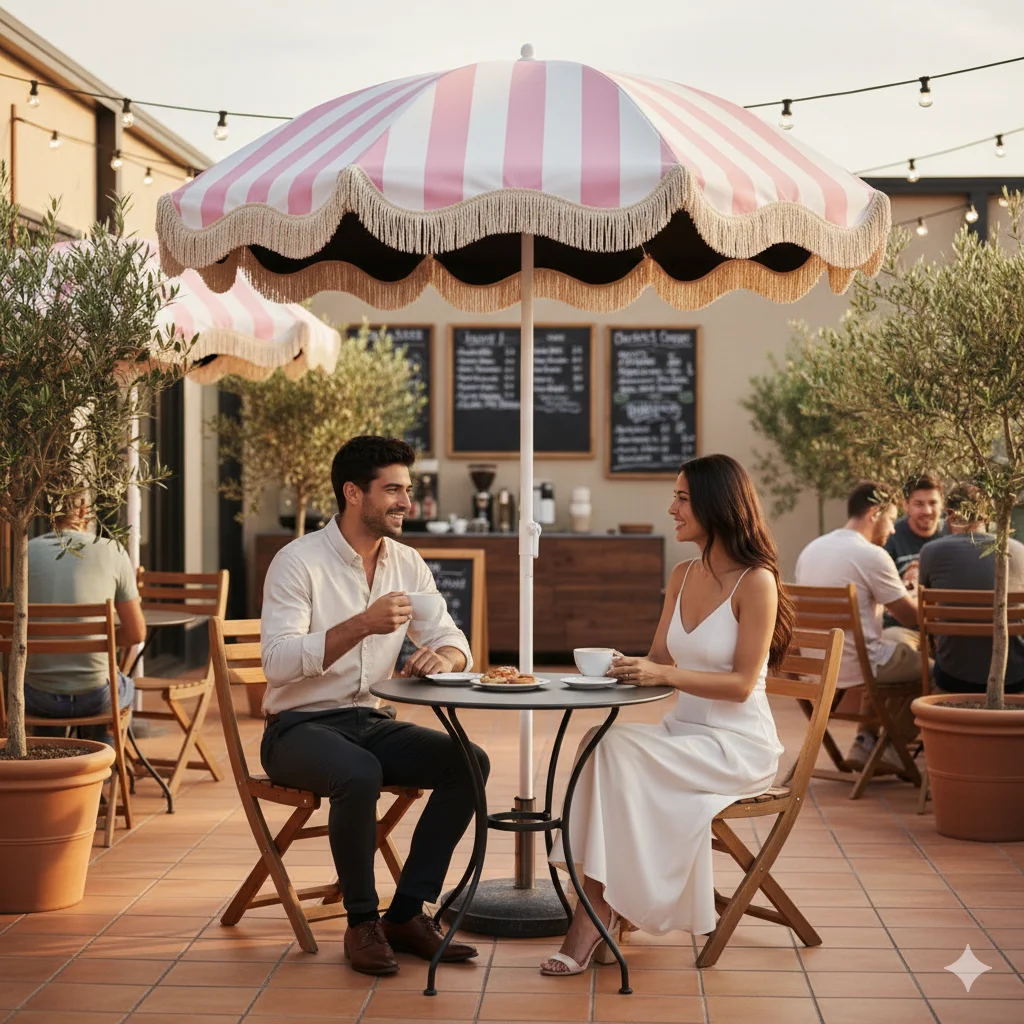 Portable Powder White Striped UPF50+ Sun Umbrella with Black Sunscreen Coating Fringed Design No Base Required Sunshade