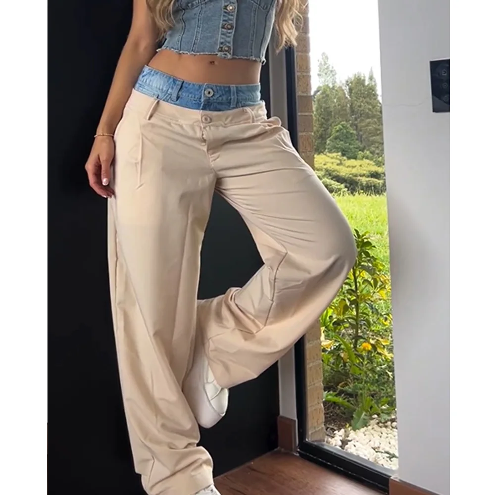 Unique Retro Colorblock Spliced Denim Pants For Women High Waist Patchwork Zipper Temperament Straight Pant Female Fashion Style