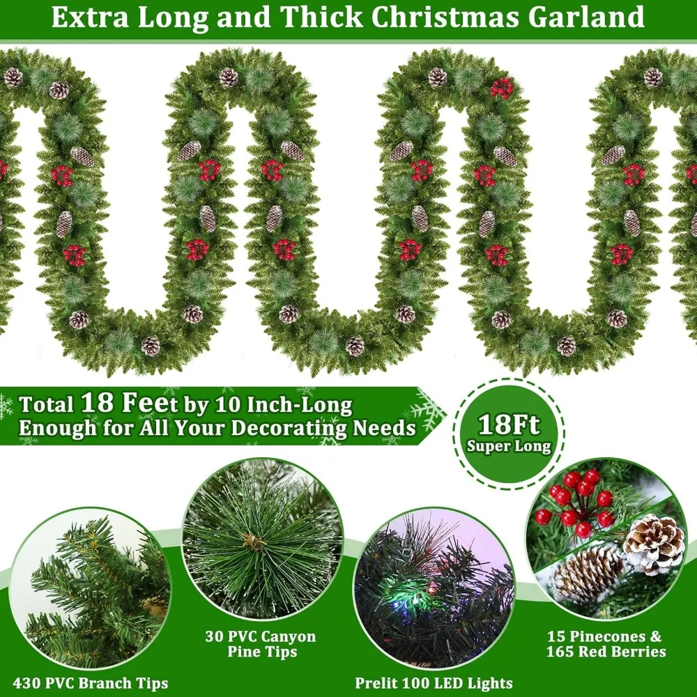 إكليل عيد الميلاد من Prelit بطول 18 قدمًا مع 100 مصباح أبيض دافئ وملون، ومؤقت 8 أوضاع، وفروع سميكة، و15000 فروع Ou #2
