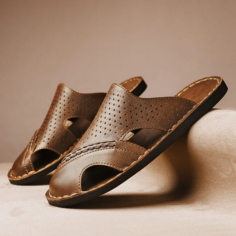 

Plus Size Genuine Leather Men Slippers Fashion Casual Shoes Summer Anti-slip Sandals Outdoor Beach Shoes Comfortable Flip Flops