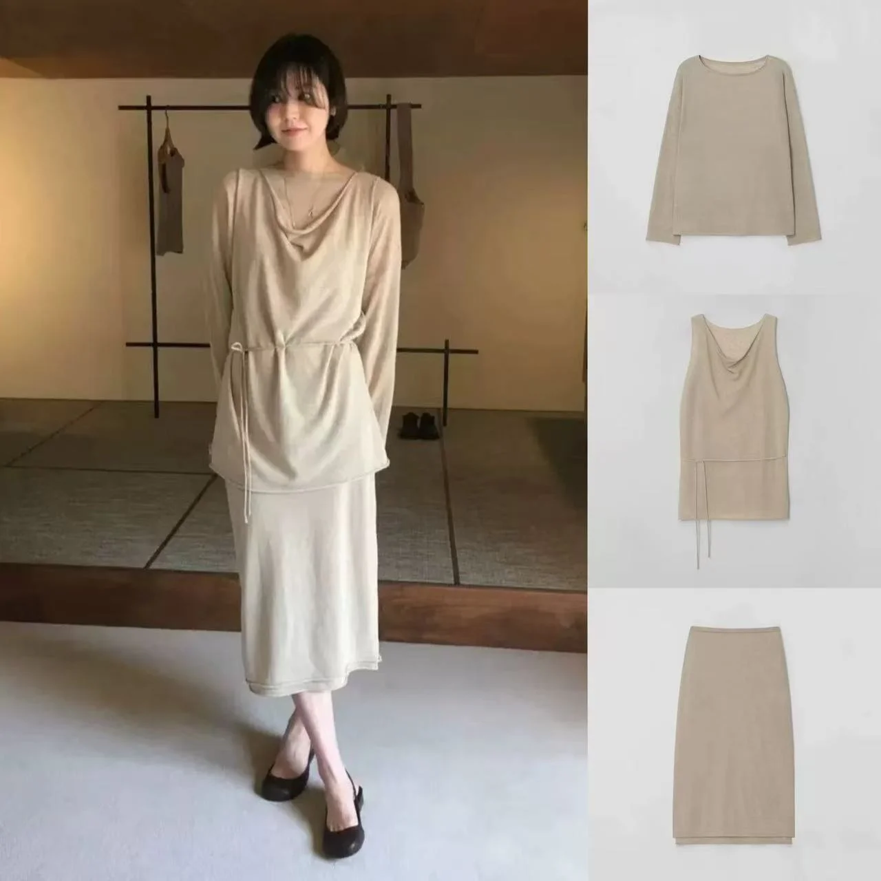 

Korean Style Lazy Boat Neck Knitted Sweater Sleeveless Vest Top Half Skirt Set Women's Fashion Spring Three-Piece Suit