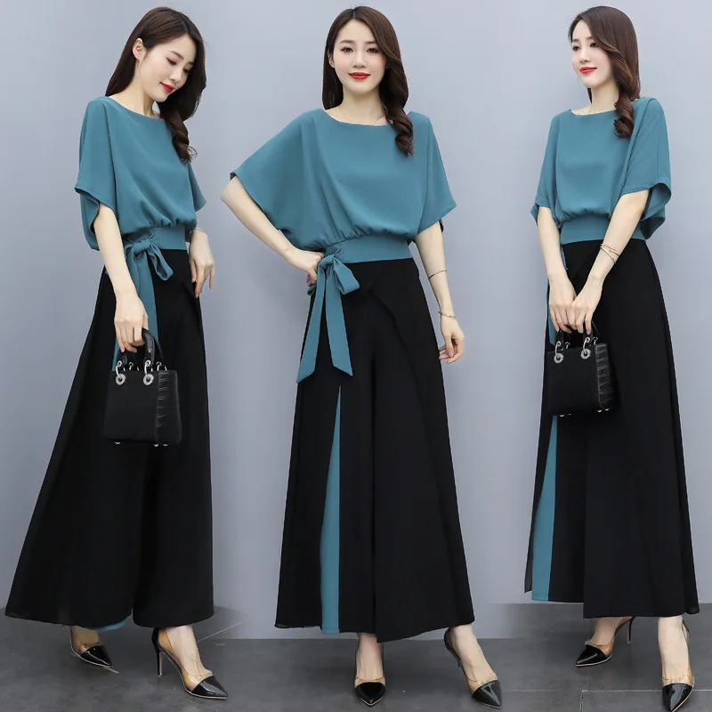 Casual Summer Chiffon Short Sleeve Shirts Two Piece Set Women Outfit 2024 Crop Top Wide Leg Pants Suits Chic Elegant Woman Sets