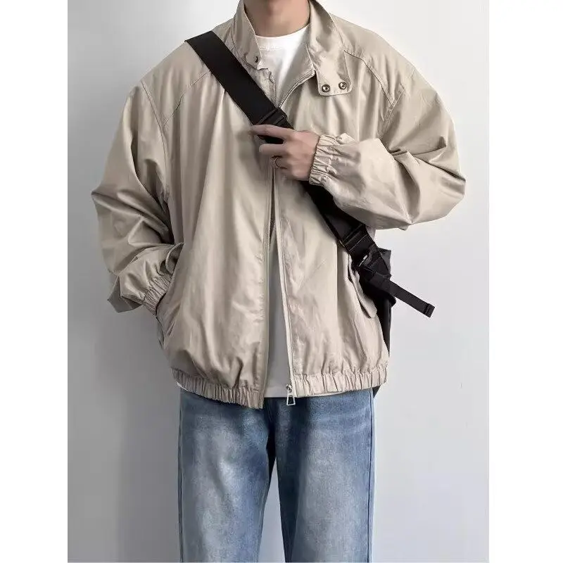 

Spring New Sle Loose Fit Zipper Decorated Stand Collar Retro Color Blo Jaet for Teenage Boys Casual Outerwear