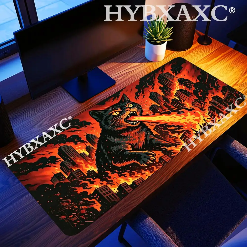 

HYBXAXC Fiery Black Cat City Mouse Pad, Non-Slip Rubber Base, Large Desk Mat for Gamers, Washable & Durable for Anime & Cat Fans