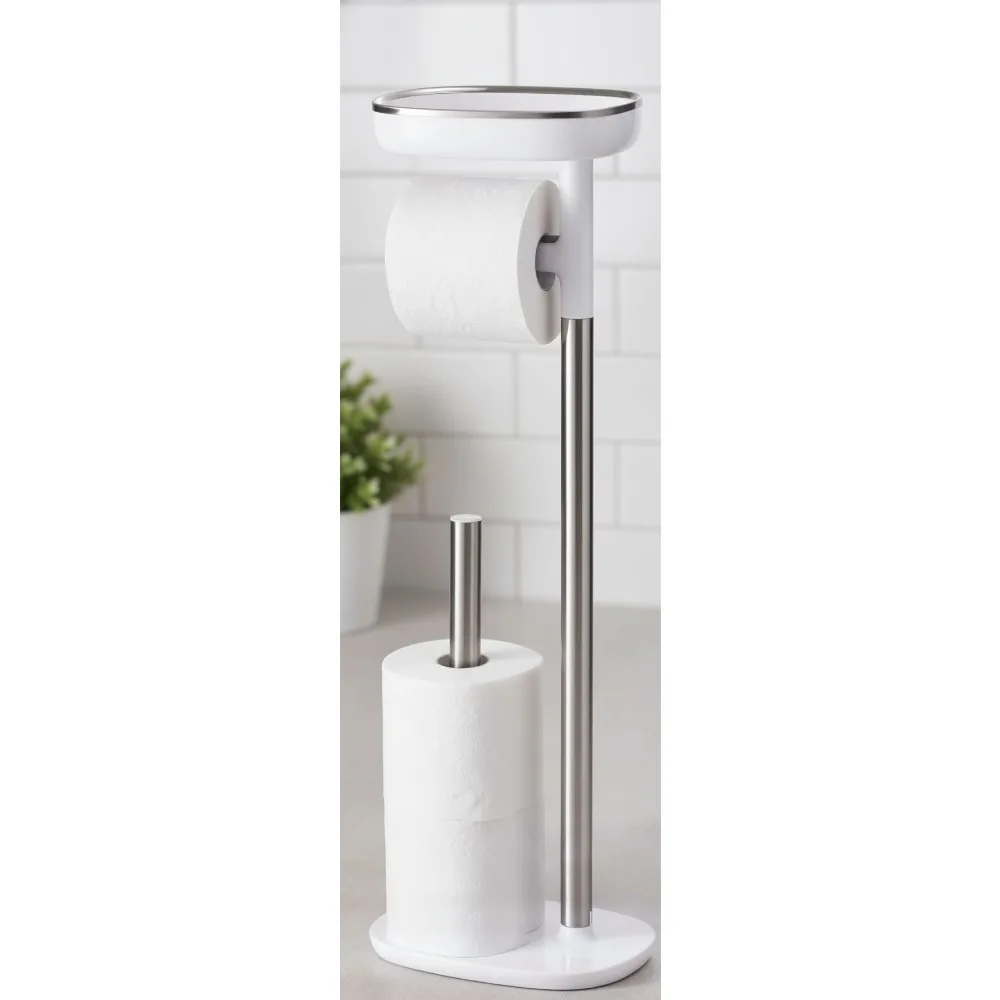 

Modern Toilet Paper Holder Stand with Shelf & Drawer, Spare Roll Storage, Stainless Steel for Bathroom Organization