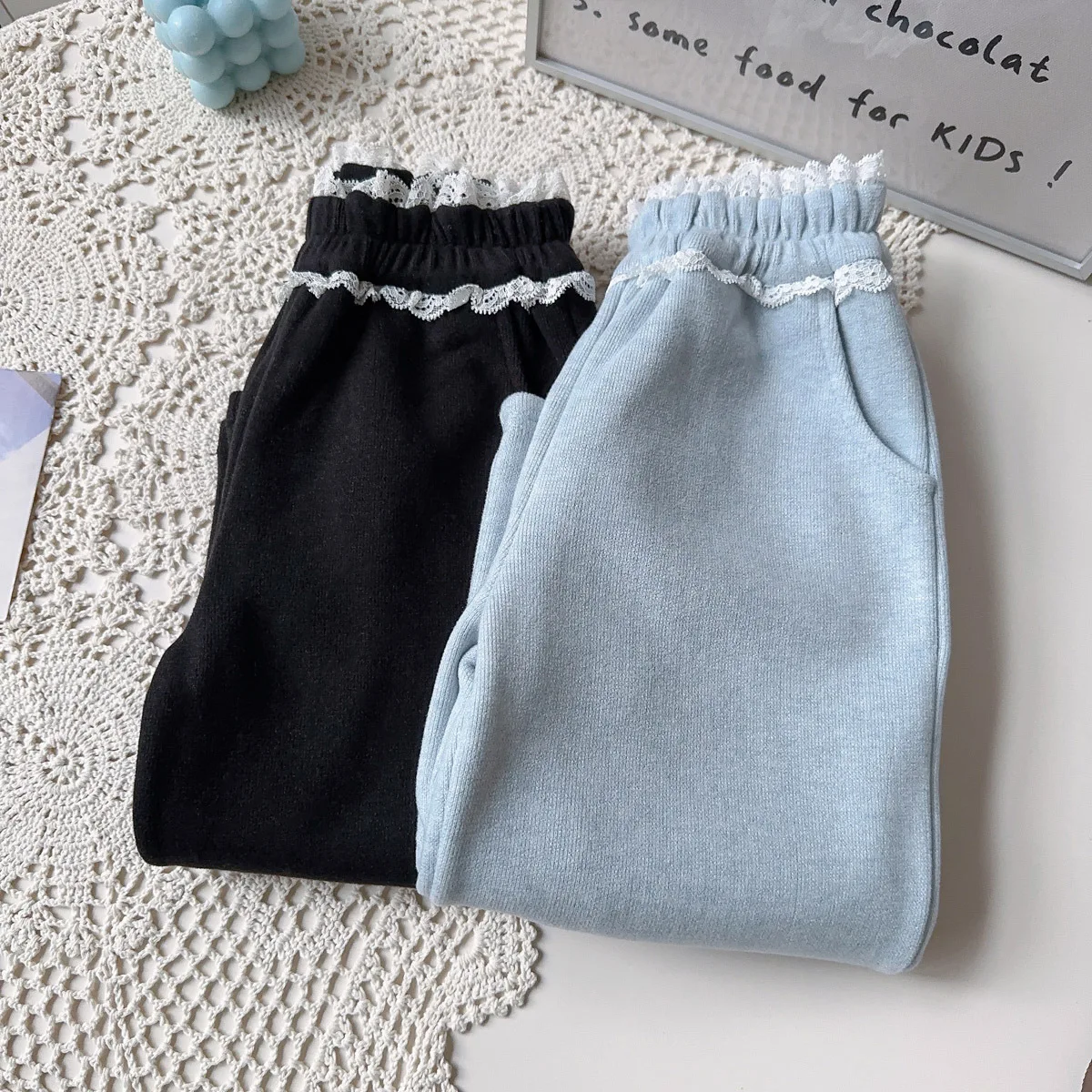 Girls' Korean Casual Pants Winter New Baby Girl Foreign Fashion Lace Straight Pants