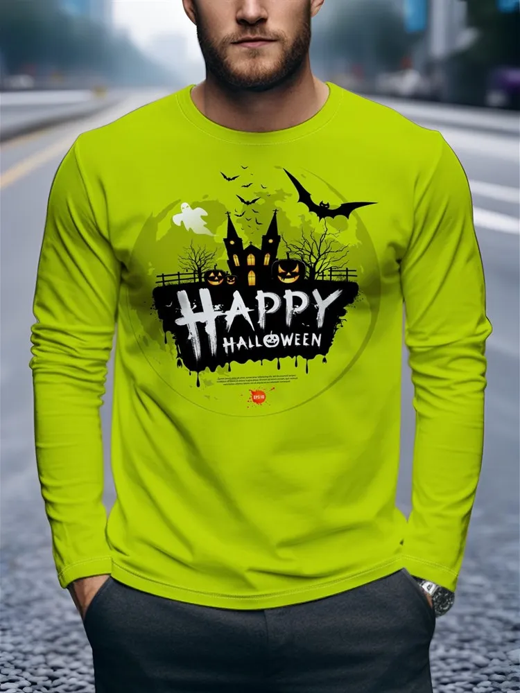 Men's Happy Halloween Long Sleeve T-Shirt Lime Green Castle Pumpkin Bat Ghost Graphic Tee Streetwear Pullover Tops Gift New