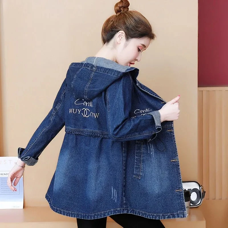 Denim Trench Coat For Women 2023 New Hooded Autumn winter Long Denim Jacket Female Loose Embroidered Oversized Top