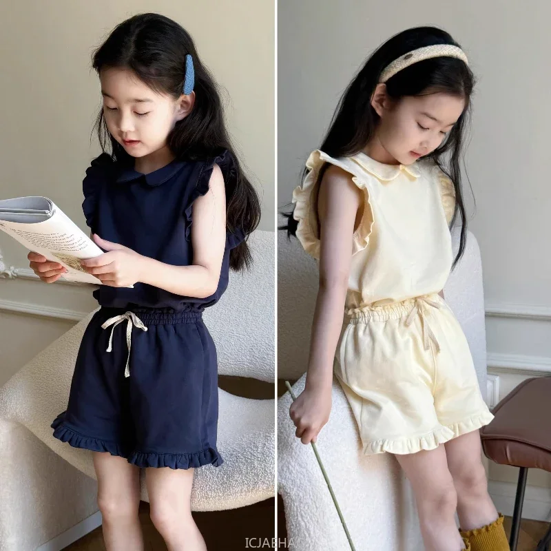

Girls Cotton Ruffle Sleeveless Top Shorts Set Navy Beige Casual Two Piece Outfit Simple Style Kids Summer Wear Everyday Wear