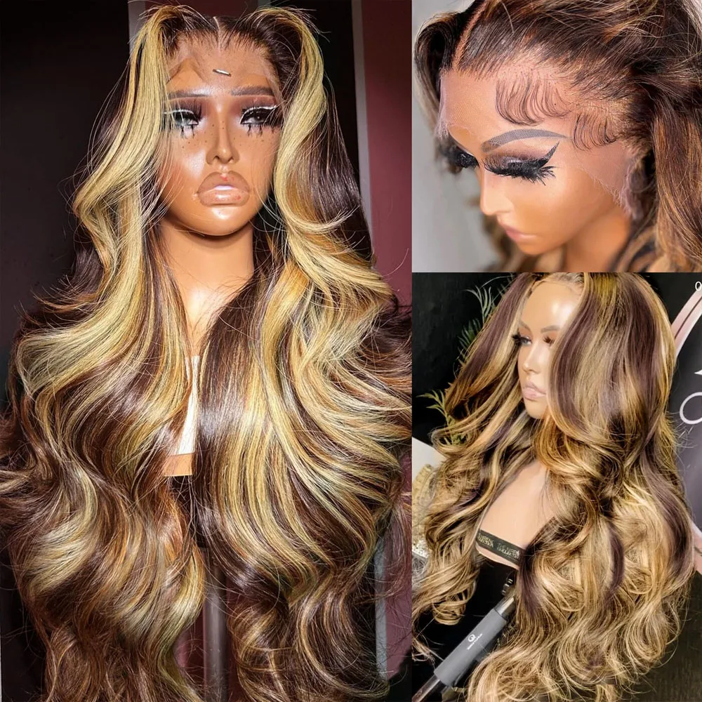 Highlight Wigs 13x4 Lace Front Wig Human Hair Pre Plucked 13x4 HD Transparent 4/27 Honey Blonde Lace Frontal Wigs With Baby Hair 250% Density Body Wave Lace Front Wig For Women
