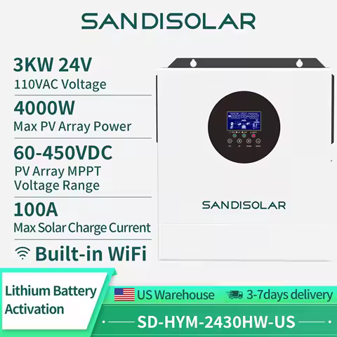 SANDISOLAR 3KW 24V 110V/120V Solar Inverter Off Grid Pure Sine Wave Inverter MPPT 100A Solar Charger Built in Wifi US Stock