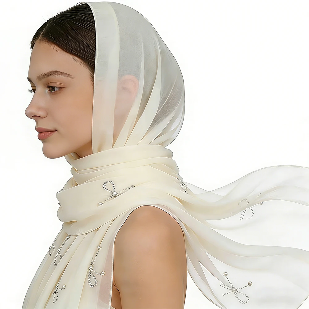 

25 Colour Muslim Fashion Hijab,Cute Pearl Rhinestone Bow Chiffon Headscarf,Breathable And Not Stuffy,70x170cm Long Scarf