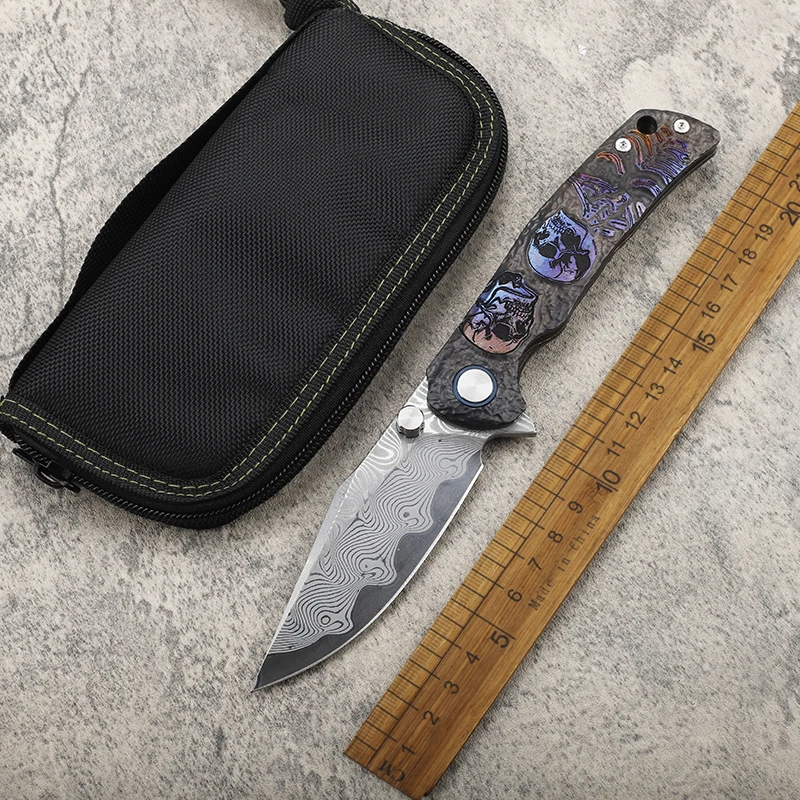 

New Rw34+VG10 Damascus Steel Colored Pattern Titanium Alloy Handle Camping Survival Fishing EDC Folding Collection Knife