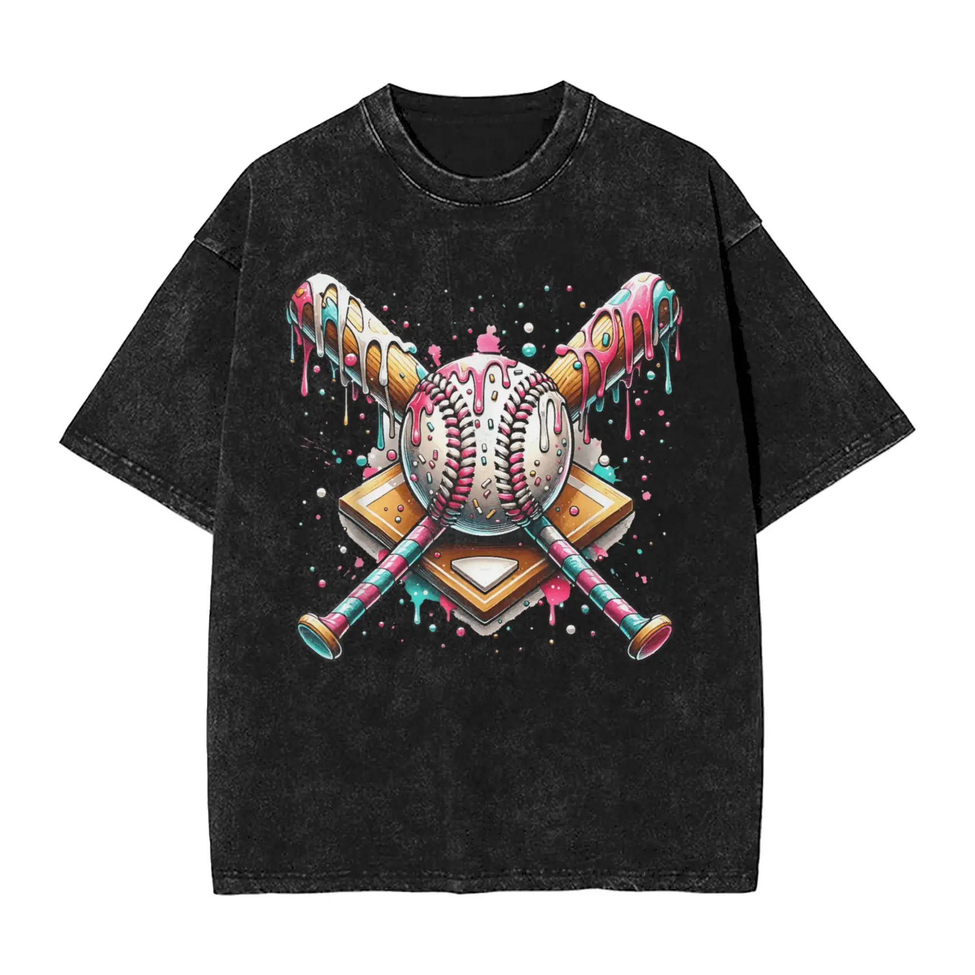 

Ice Creams Dripping Baseball Player Washed T Shirt Couple Vintage Cotton T Shirts Summer O Neck Fashion Tee Shirt Loose Clothes