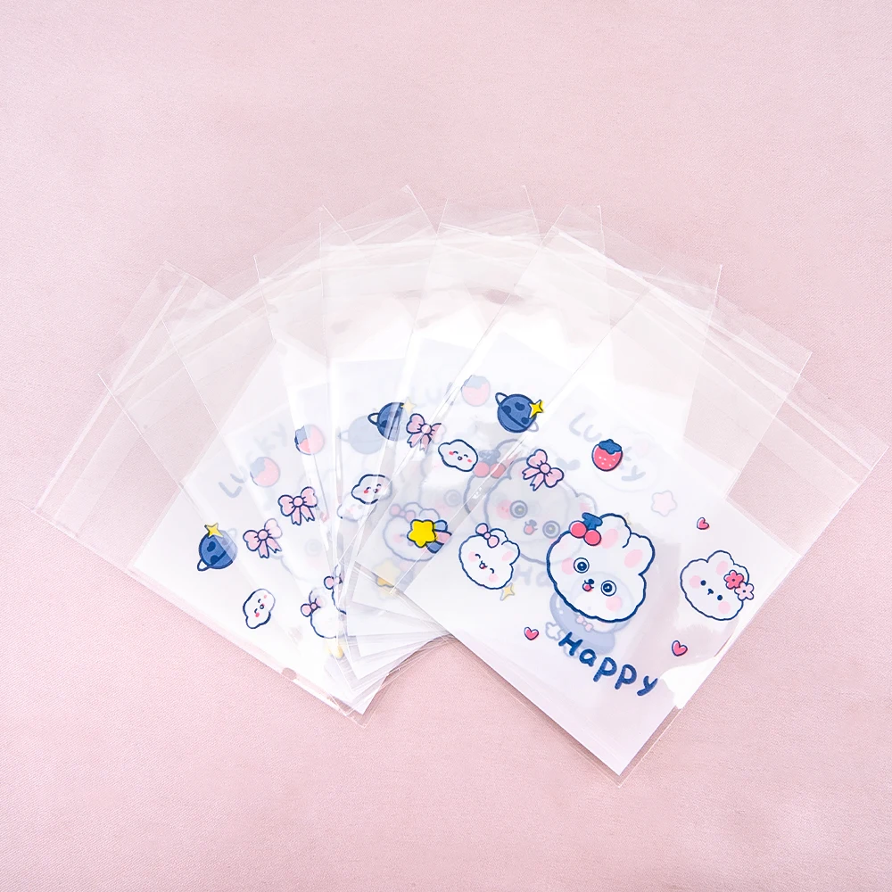 50pcs Cute Little Bear And Bunny Printed Self-sealing Bag Transparent Cartoon Opp Bag Festival Gift Small Bags Jewelry Packaging