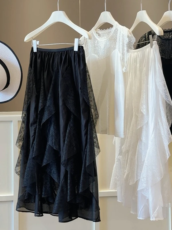 Women White Ruffle Lace Patchwork Skirt Summer High Waist Flowy Irregular Hem A Line Elegant Sweet Casual  Female Midi Skirt