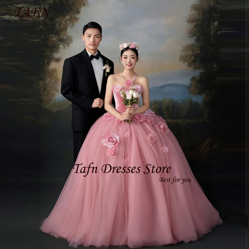 

TAFN 2025 New Korea Wedding Shooting Dresses Strapless A-line Handmade Flowers Bridal Gown Sleeveless Pink Ball Gown