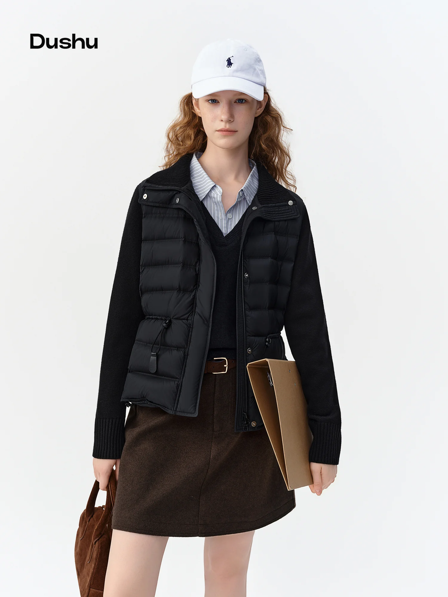 DUSHU Color Block Stand Collar Lightweight White Duck Down Vest with Drawstring 2026 Winter New Warm Stylish Commuter Outerwear