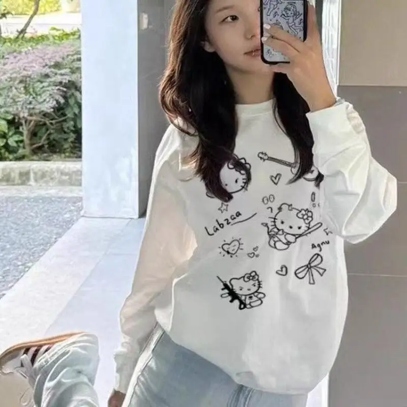 Hello Kittys Pure Cotton Lightweight Cartoon Print Long Sleeve T-Shirt Autumn/winter Loose Comfort Casual Base Layer Tops Cute