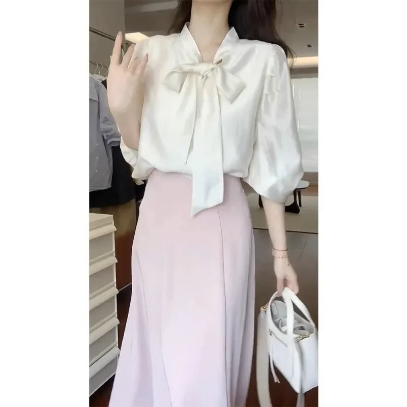 Spring Temperament Slim Set Elegant Korean Light Ripening Tops+High Waist Solid Long Skirt Sets Workplace Commute Women Outfits