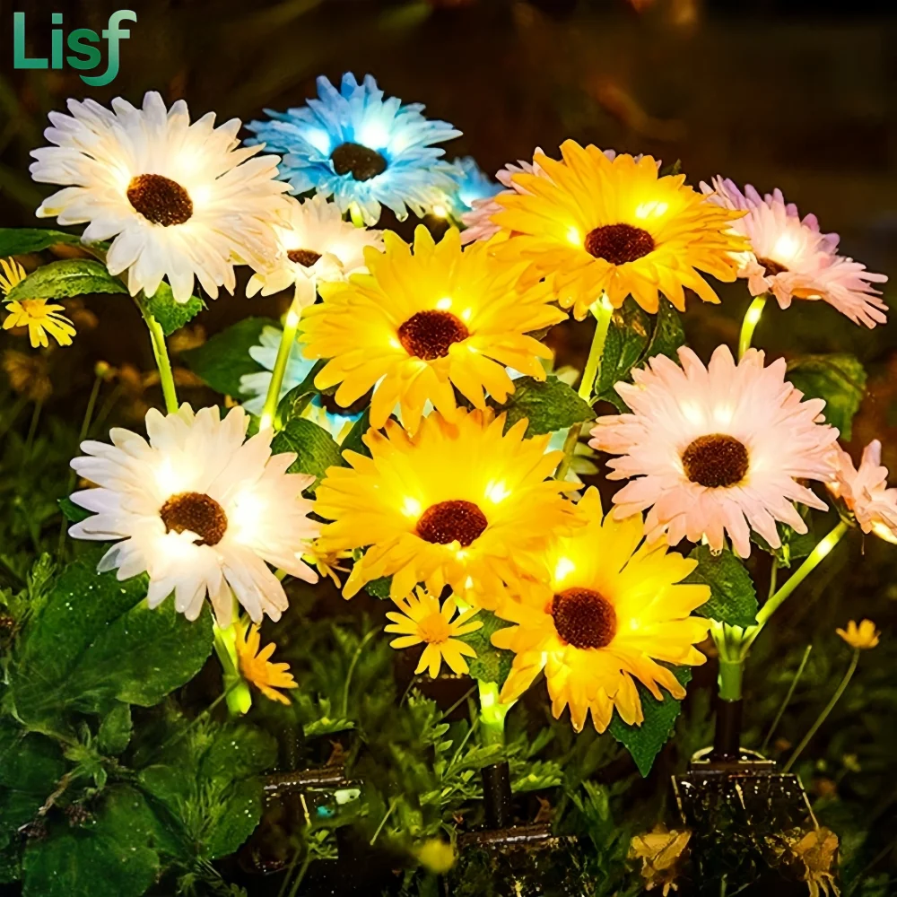 

4 Pack Outdoor Solar Garden Lights with 16 Glowing Daisy Flowers & Stems, Waterproof Solar Flowers Lights for Outside Yard Patio
