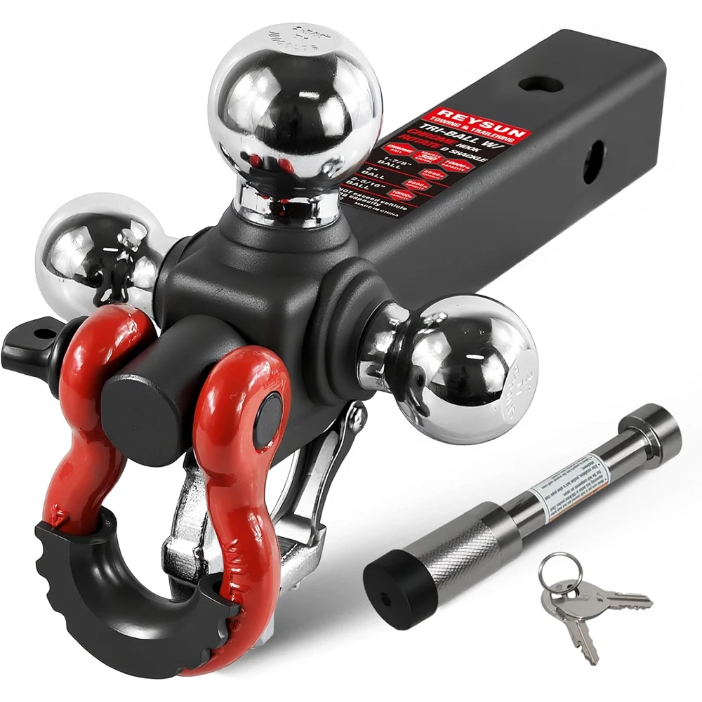 High-Strength Tri-Ball Mount With Hook & Pin & Rotatable Tow Shackle 1-7/8 2 2-5/16 Inches Ball Anti Theft Trailer Hitch